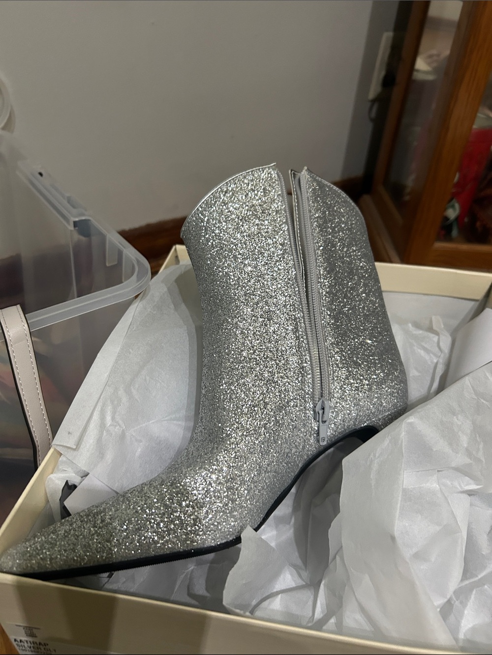 Silver Glitter Pointed Ankle Booties with Side Zip